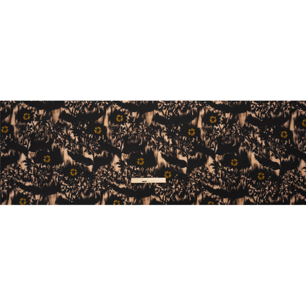 Stretch Polyester Woven Print - Black Florals on Abstract Ikat - Mood Exclusive Rambling Brambles