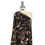 Stretch Polyester Woven Print - Black Florals on Abstract Ikat - Mood Exclusive Rambling Brambles