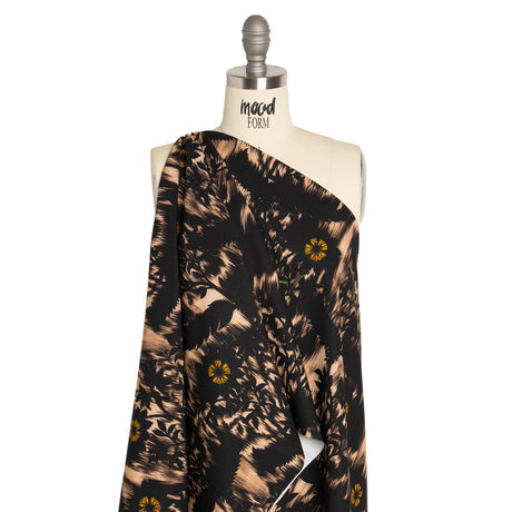 Stretch Polyester Woven Print - Black Florals on Abstract Ikat - Mood Exclusive Rambling Brambles