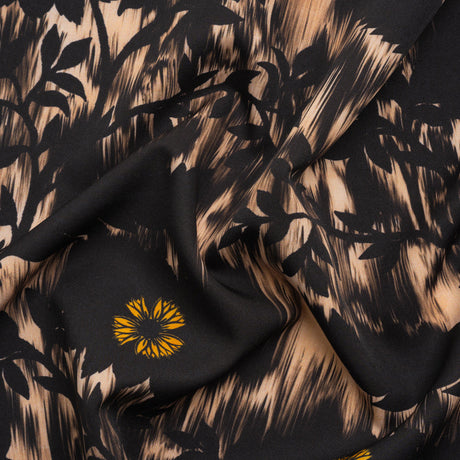 Stretch Polyester Woven Print - Black Florals on Abstract Ikat - Mood Exclusive Rambling Brambles