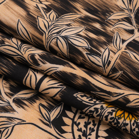 Stretch Polyester Woven Print - Beige Florals on Abstract Ikat - Mood Exclusive Rambling Brambles