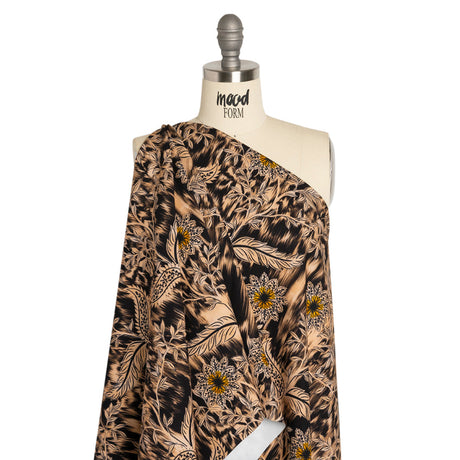 Stretch Polyester Woven Print - Beige Florals on Abstract Ikat - Mood Exclusive Rambling Brambles
