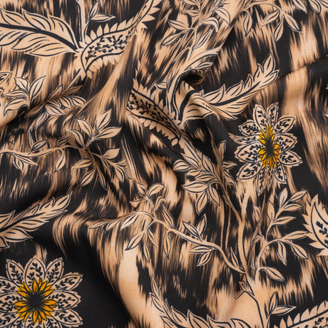 Stretch Polyester Woven Print - Beige Florals on Abstract Ikat - Mood Exclusive Rambling Brambles