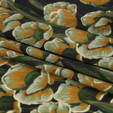 Sustainable Viscose Floral Jacquard Print - Dark Orange, Green and Black Floral - Mood Exclusive Draped in Dawn