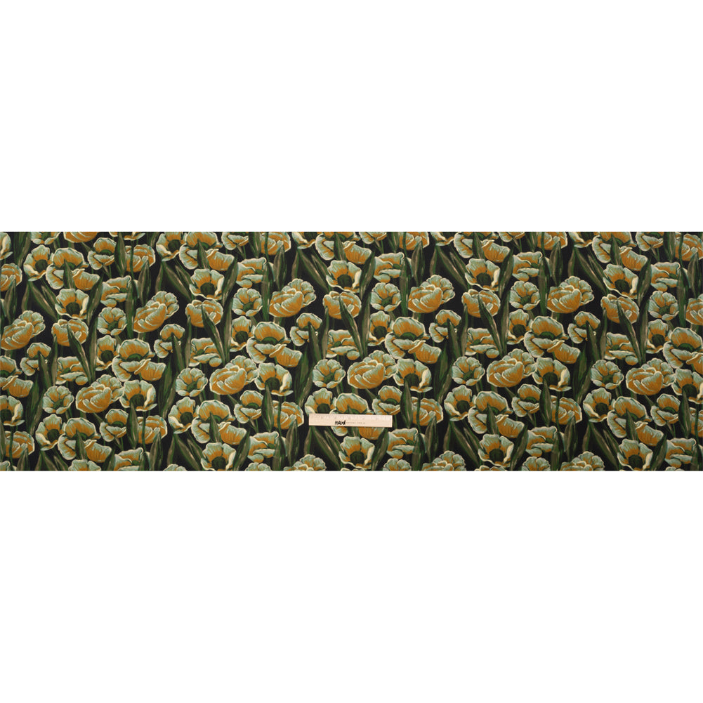 Sustainable Viscose Floral Jacquard Print - Dark Orange, Green and Black Floral - Mood Exclusive Draped in Dawn