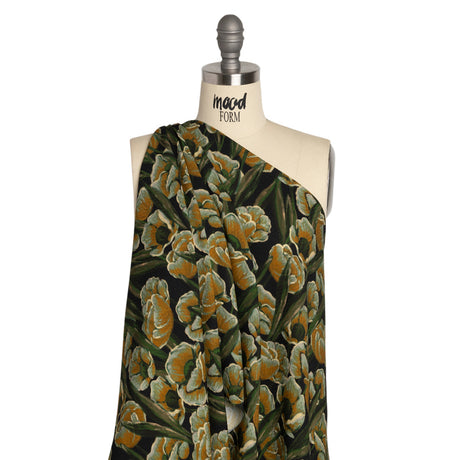 Sustainable Viscose Floral Jacquard Print - Dark Orange, Green and Black Floral - Mood Exclusive Draped in Dawn
