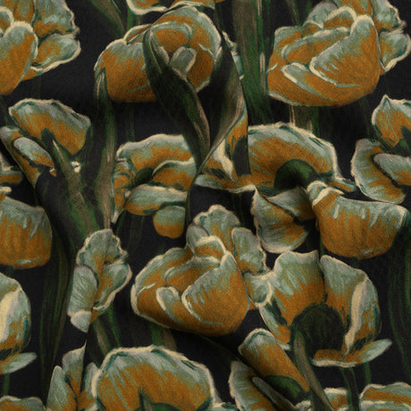 Sustainable Viscose Floral Jacquard Print - Dark Orange, Green and Black Floral - Mood Exclusive Draped in Dawn