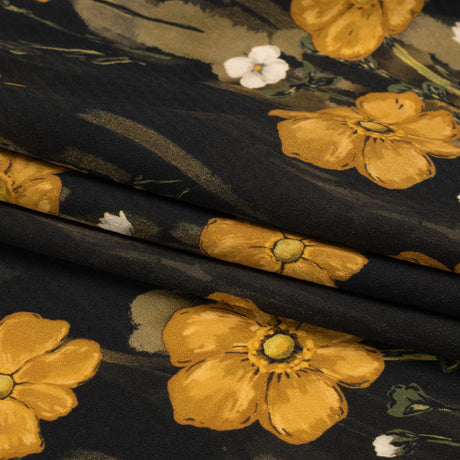 Sustainable Viscose Floral Jacquard Print - Dark Yellow, Olive Green and Black Floral - Mood Exclusive Marsh Song