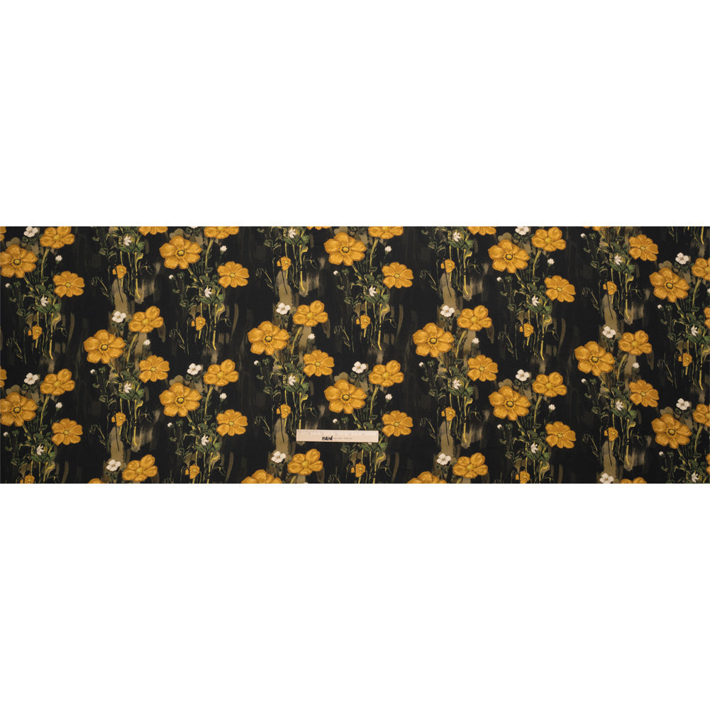 Sustainable Viscose Floral Jacquard Print - Dark Yellow, Olive Green and Black Floral - Mood Exclusive Marsh Song