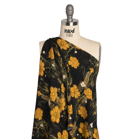 Sustainable Viscose Floral Jacquard Print - Dark Yellow, Olive Green and Black Floral - Mood Exclusive Marsh Song
