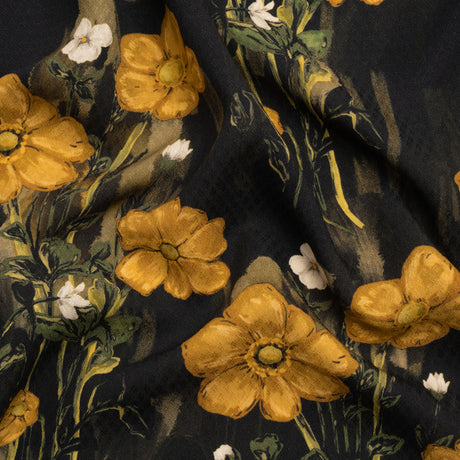 Sustainable Viscose Floral Jacquard Print - Dark Yellow, Olive Green and Black Floral - Mood Exclusive Marsh Song