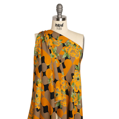 Sustainable Viscose Floral Jacquard Print - Orange, Green and Black Floral and Abstract - Mood Exclusive Hip Hydrangea