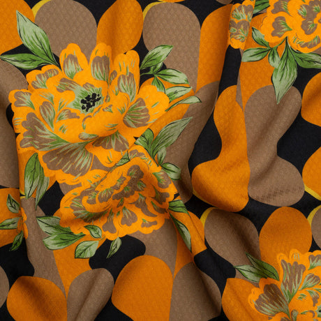 Sustainable Viscose Floral Jacquard Print - Orange, Green and Black Floral and Abstract - Mood Exclusive Hip Hydrangea