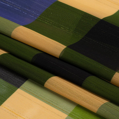 Polyester Chiffon Print with Metallic Pinstripes - Green, Blue and Yellow Plaid - Mood Exclusive Rooks and Bishops