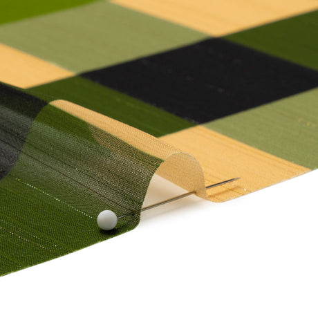 Polyester Chiffon Print with Metallic Pinstripes - Green, Blue and Yellow Plaid - Mood Exclusive Rooks and Bishops