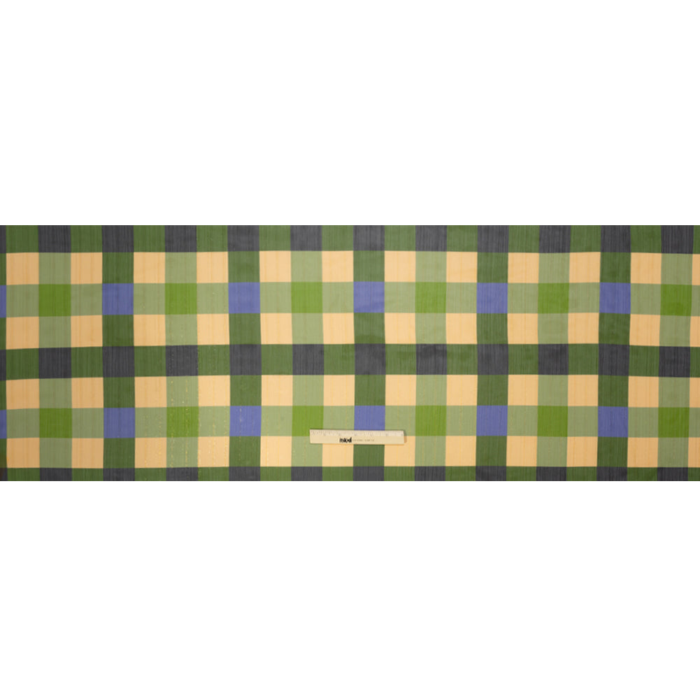 Polyester Chiffon Print with Metallic Pinstripes - Green, Blue and Yellow Plaid - Mood Exclusive Rooks and Bishops
