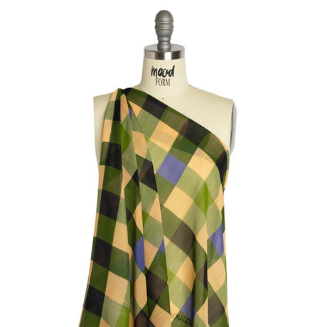 Polyester Chiffon Print with Metallic Pinstripes - Green, Blue and Yellow Plaid - Mood Exclusive Rooks and Bishops
