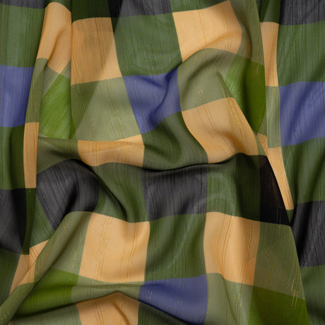 Polyester Chiffon Print with Metallic Pinstripes - Green, Blue and Yellow Plaid - Mood Exclusive Rooks and Bishops