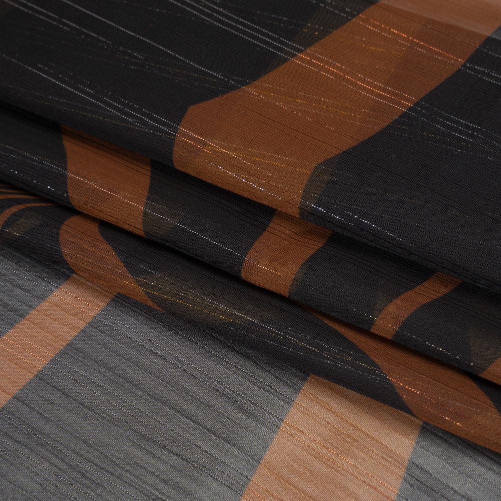 Polyester Chiffon Print with Metallic Pinstripes - Chocolate Brown and Black Abstract - Mood Exclusive Fondue Funhouse