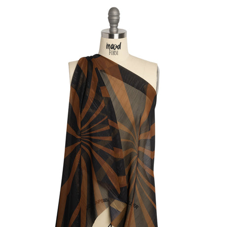 Polyester Chiffon Print with Metallic Pinstripes - Chocolate Brown and Black Abstract - Mood Exclusive Fondue Funhouse