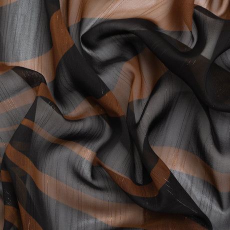 Polyester Chiffon Print with Metallic Pinstripes - Chocolate Brown and Black Abstract - Mood Exclusive Fondue Funhouse
