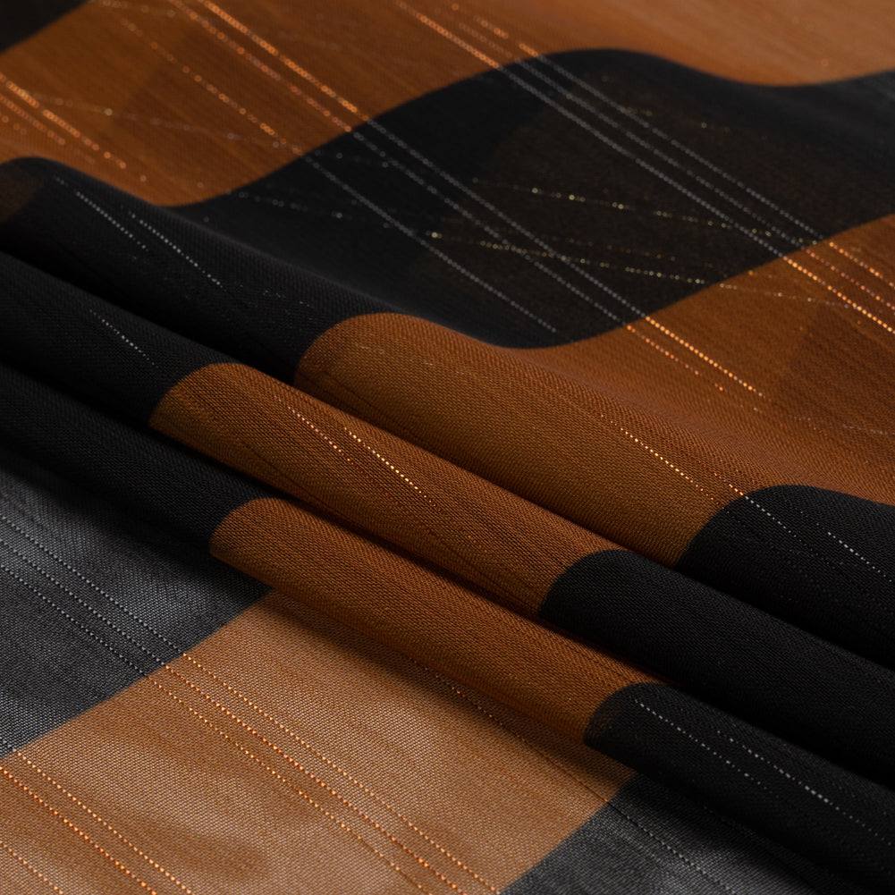 Polyester Chiffon Print with Metallic Pinstripes - Brown and Black Wavy Stripes - Mood Exclusive Delray Daze