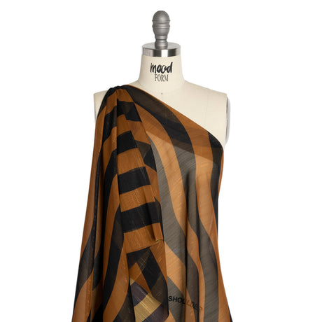 Polyester Chiffon Print with Metallic Pinstripes - Brown and Black Wavy Stripes - Mood Exclusive Delray Daze
