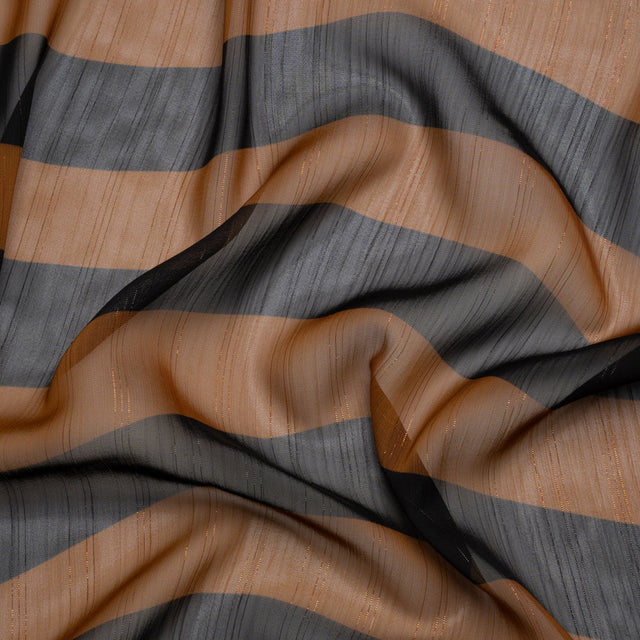 Polyester Chiffon Print with Metallic Pinstripes - Brown and Black Wavy Stripes - Mood Exclusive Delray Daze