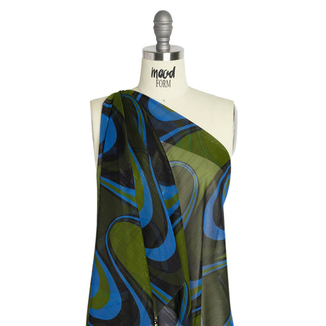 Polyester Chiffon Print with Metallic Pinstripes - Blue, Green and Black Waves - Mood Exclusive Ebb and Flow