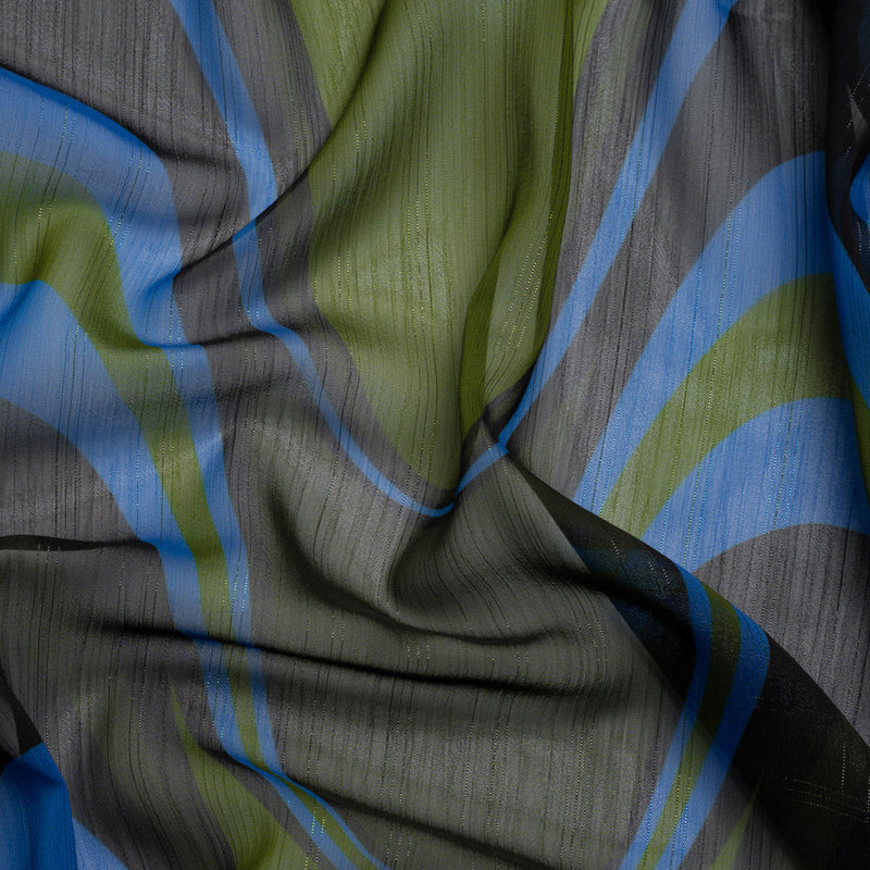 Polyester Chiffon Print with Metallic Pinstripes - Blue, Green and Black Waves - Mood Exclusive Ebb and Flow