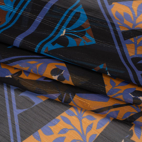 Polyester Chiffon Print with Metallic Pinstripes - Orange, Blue and Black Floral and Geometric - Mood Exclusive Through the Pane