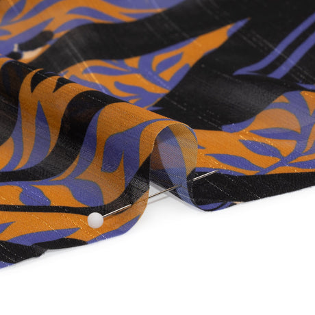 Polyester Chiffon Print with Metallic Pinstripes - Orange, Blue and Black Floral and Geometric - Mood Exclusive Through the Pane
