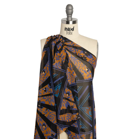 Polyester Chiffon Print with Metallic Pinstripes - Orange, Blue and Black Floral and Geometric - Mood Exclusive Through the Pane