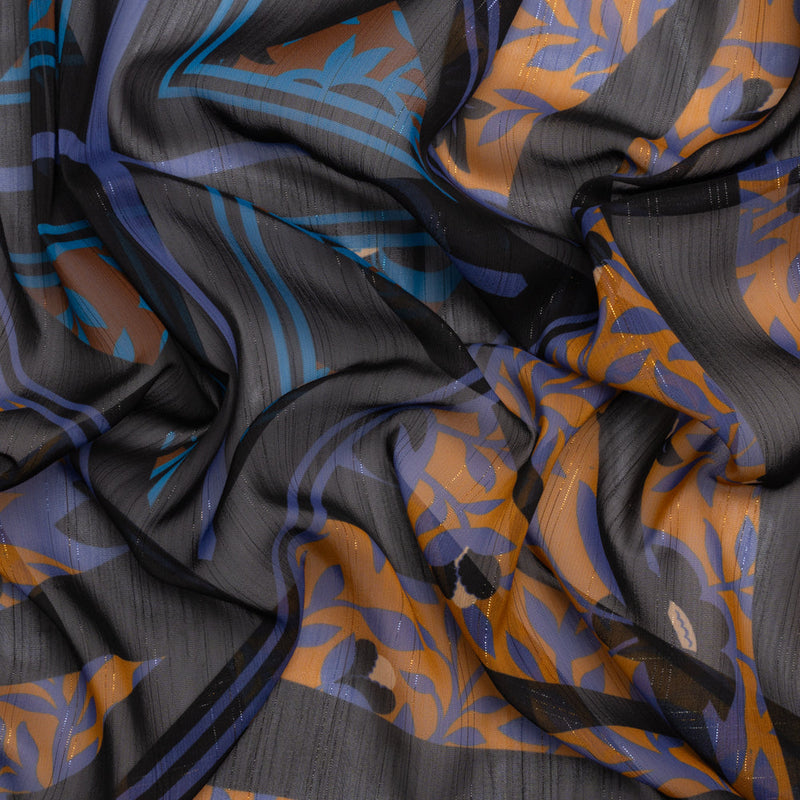 Polyester Chiffon Print with Metallic Pinstripes - Orange, Blue and Black Floral and Geometric - Mood Exclusive Through the Pane