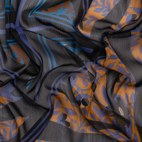 Polyester Chiffon Print with Metallic Pinstripes - Orange, Blue and Black Floral and Geometric - Mood Exclusive Through the Pane