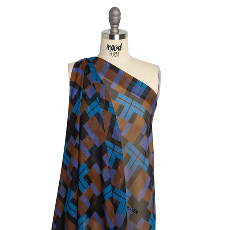 Polyester Chiffon Print with Metallic Pinstripes - Blue, Purple and Brown Geometric - Mood Exclusive Geometric Jigsaw