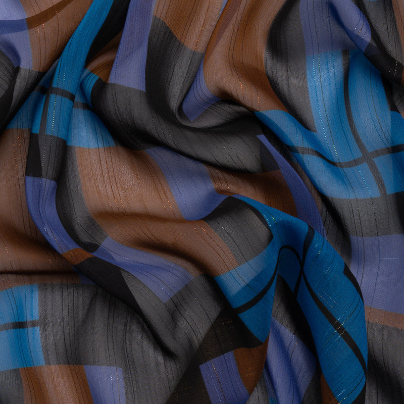 Polyester Chiffon Print with Metallic Pinstripes - Blue, Purple and Brown Geometric - Mood Exclusive Geometric Jigsaw