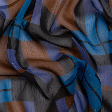Polyester Chiffon Print with Metallic Pinstripes - Blue, Purple and Brown Geometric - Mood Exclusive Geometric Jigsaw