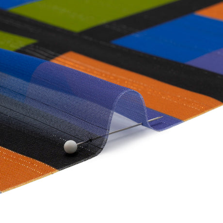 Polyester Chiffon Print with Metallic Pinstripes - Green, Orange and Blue Geometric - Mood Exclusive Through the Window