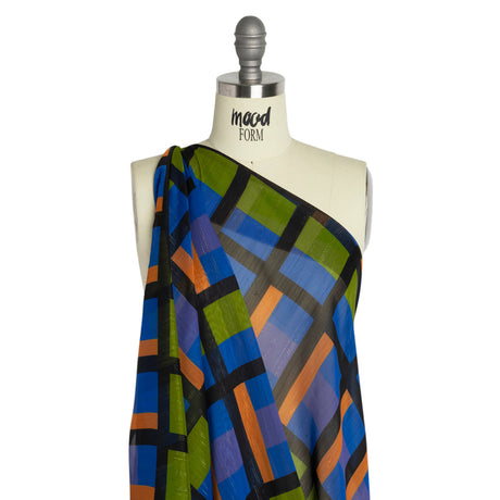 Polyester Chiffon Print with Metallic Pinstripes - Green, Orange and Blue Geometric - Mood Exclusive Through the Window