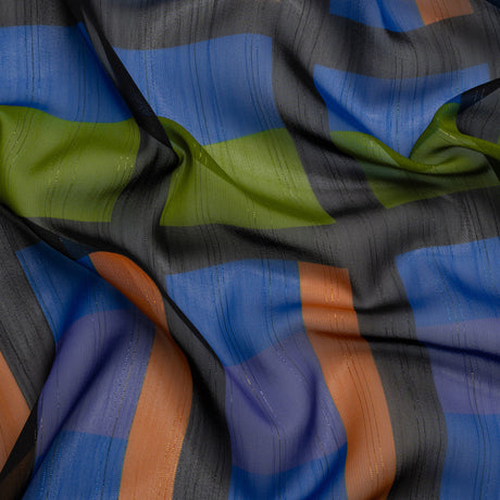 Polyester Chiffon Print with Metallic Pinstripes - Green, Orange and Blue Geometric - Mood Exclusive Through the Window