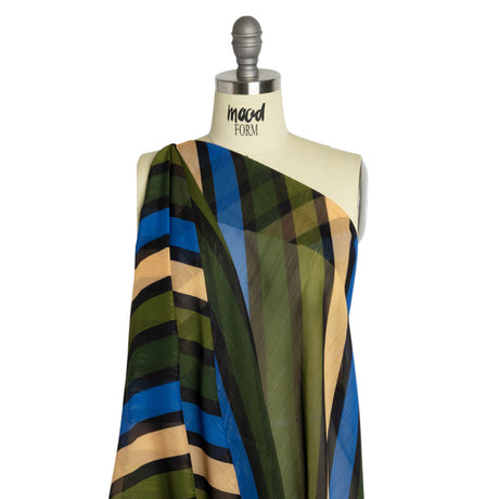 Polyester Chiffon Print with Metallic Pinstripes - Blue and Green Diagonal Stripes - Mood Exclusive Seemingly Slanted