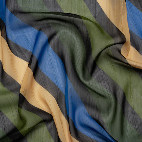 Polyester Chiffon Print with Metallic Pinstripes - Blue and Green Diagonal Stripes - Mood Exclusive Seemingly Slanted