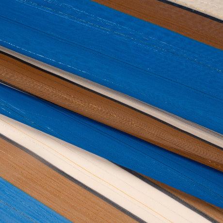 Polyester Chiffon Print with Metallic Pinstripes - Blue and Brown Stripes - Mood Exclusive Sandbridge Stripes