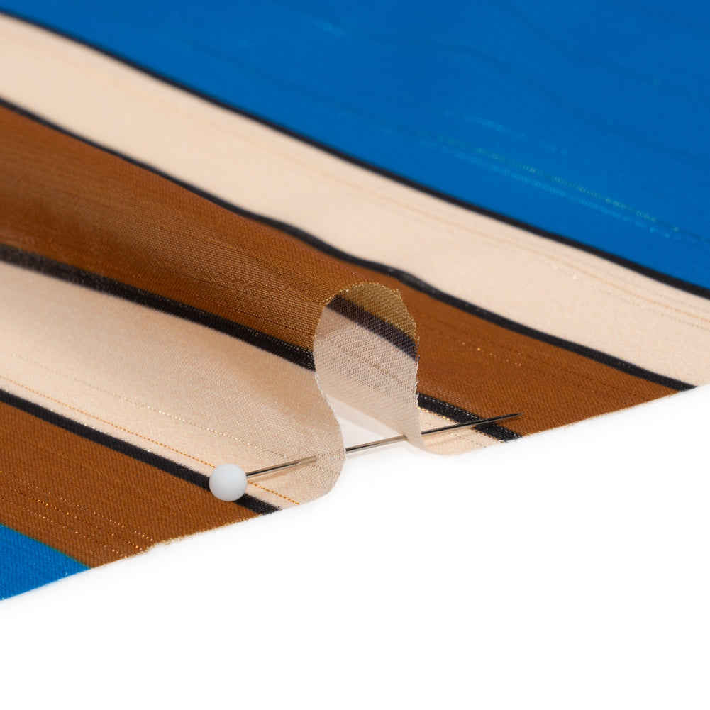 Polyester Chiffon Print with Metallic Pinstripes - Blue and Brown Stripes - Mood Exclusive Sandbridge Stripes