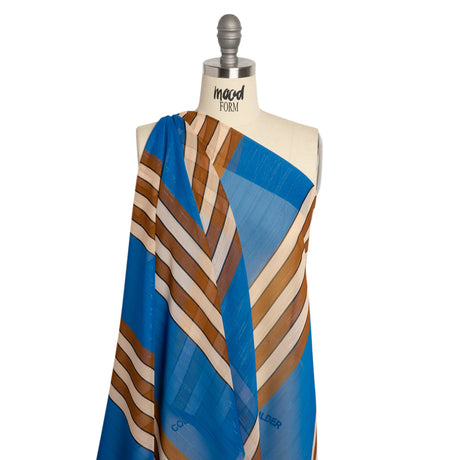Polyester Chiffon Print with Metallic Pinstripes - Blue and Brown Stripes - Mood Exclusive Sandbridge Stripes