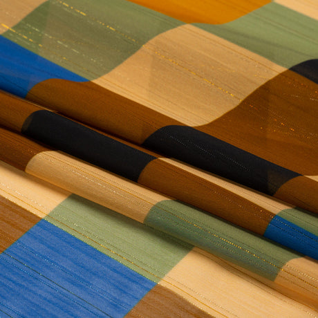 Polyester Chiffon Print with Metallic Pinstripes - Brown, Green and Yellow Plaid - Mood Exclusive Rooks and Bishops