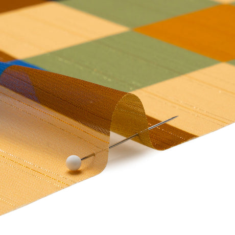 Polyester Chiffon Print with Metallic Pinstripes - Brown, Green and Yellow Plaid - Mood Exclusive Rooks and Bishops