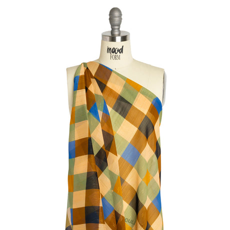 Polyester Chiffon Print with Metallic Pinstripes - Brown, Green and Yellow Plaid - Mood Exclusive Rooks and Bishops