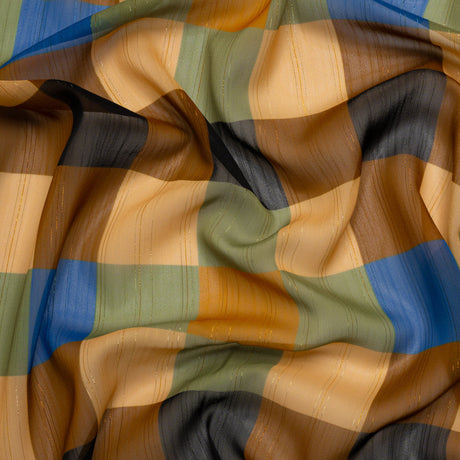 Polyester Chiffon Print with Metallic Pinstripes - Brown, Green and Yellow Plaid - Mood Exclusive Rooks and Bishops
